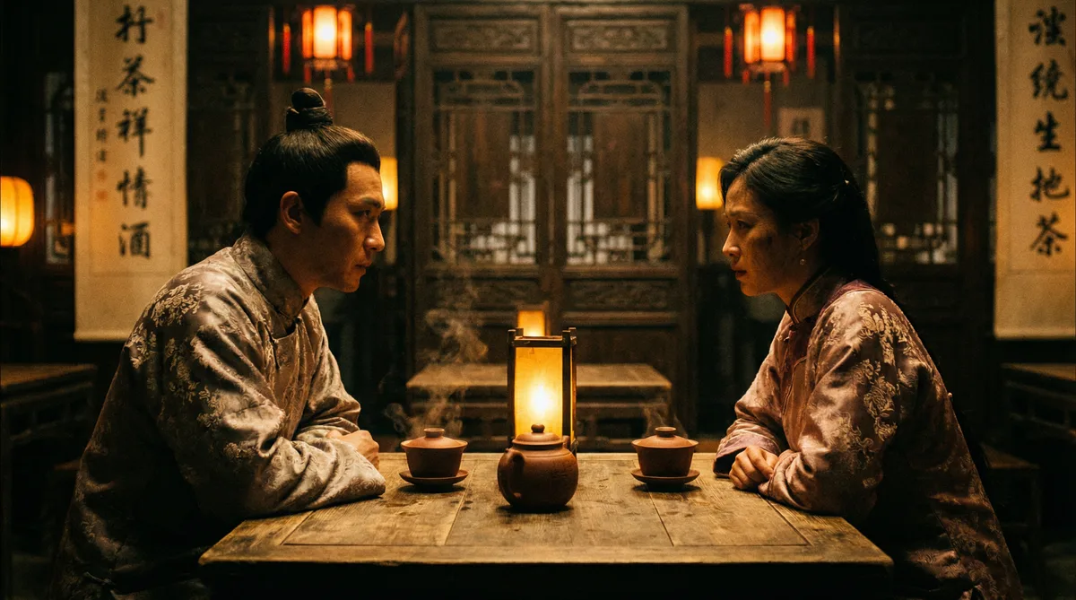 黄色仓库古装剧情片拍摄剧照-茶馆对话场景