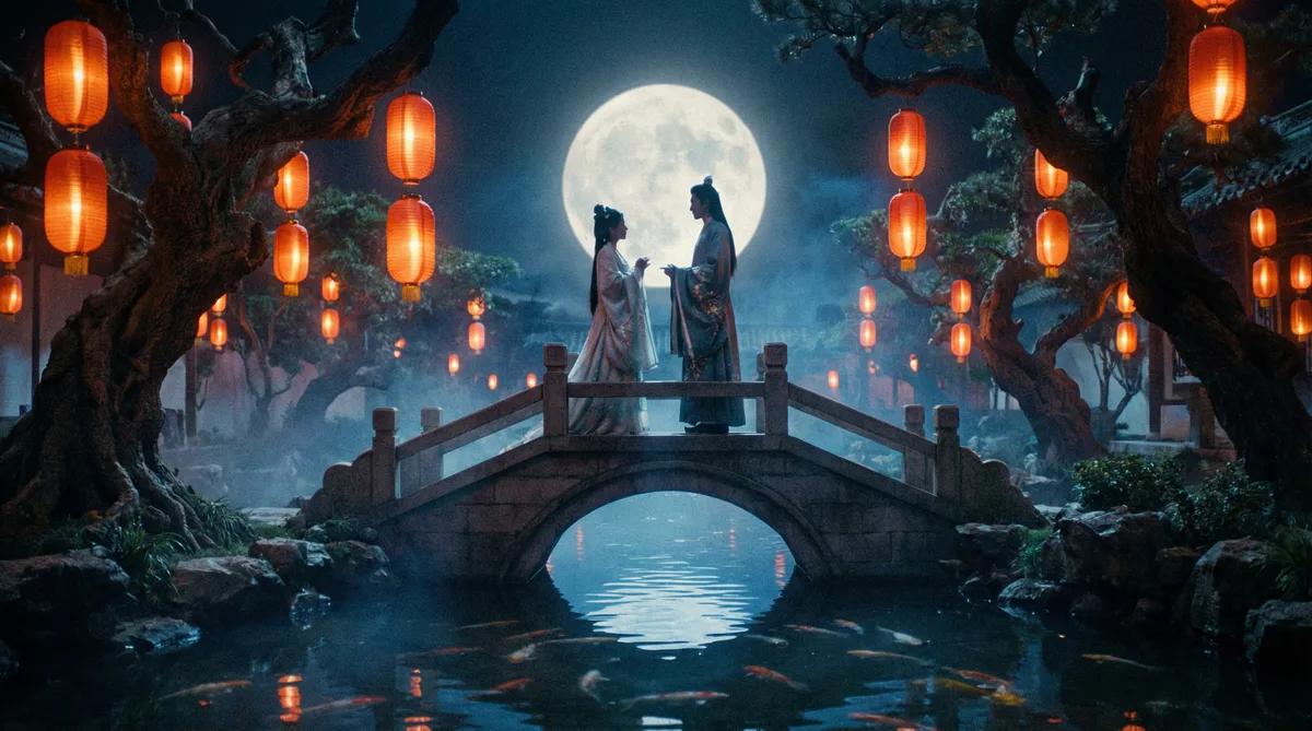 黄色仓库古典爱情片拍摄剧照-月下花园场景